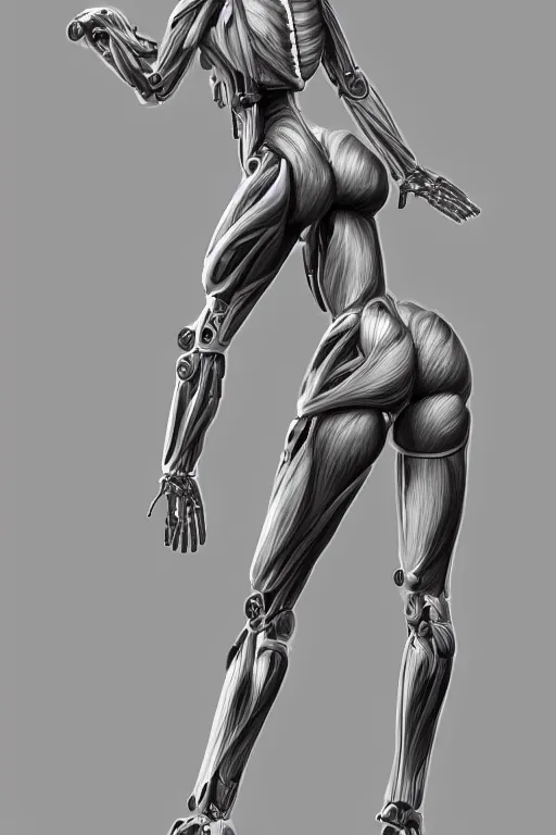 Image similar to full body female human anatomy concept, cyborg, medical anatomy, cybernetic implants, gun metal grey, muscular system reference, monkey arms, digital art, in the style of ruben alba, aaron sims, amanda lilleston, luka mivsek, bryan christie, ranjit ghosh, artstation, pinterest, deviantart, photoshop, zbrush, octane render, unreal engine