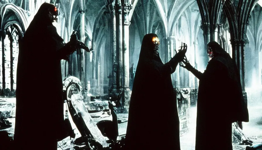 Image similar to 80s movie by James Cameron about a gothic techno-cathedral where a lavishly dressed necromancer priest raising a cyborg zombie from the grave