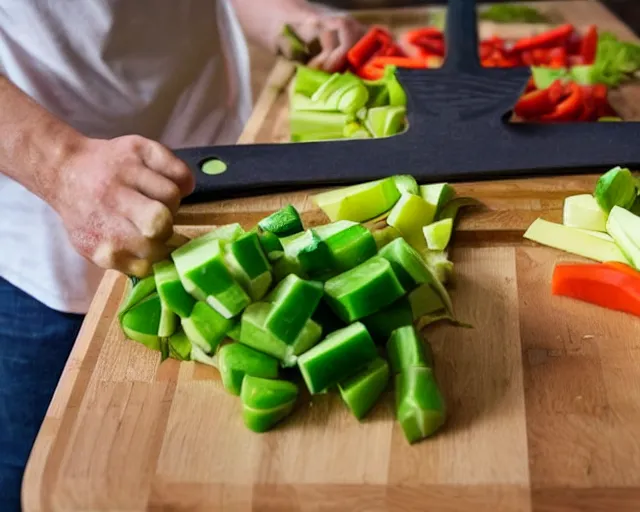 Image similar to 9 0 degrees fov, first person point of view of me chopping vegetables on a chopping board