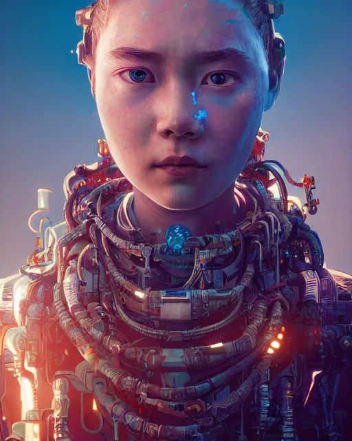 Prompt: portrait of Aloy as a cyborg. intricate abstract. intricate artwork. by Tooth Wu, wlop, beeple, dan mumford. octane render, trending on artstation, greg rutkowski very coherent symmetrical artwork. cinematic, hyper realism, high detail, octane render, 8k, iridescent accents