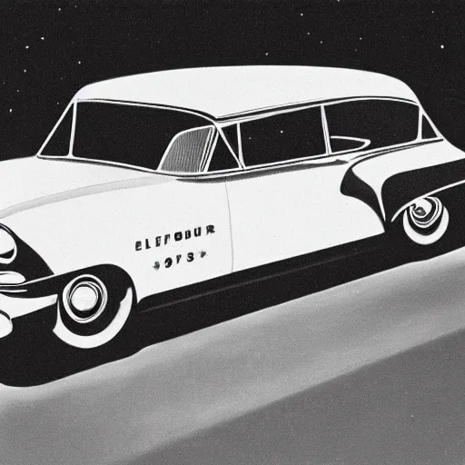 Image similar to chrome car, 1 9 5 0 s, elvis, nighttime, starlight