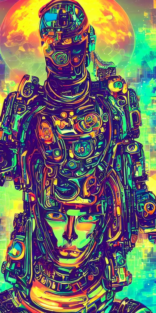 Image similar to humanoid beautiful princes machine with fulclor skin and blue eyes in a spiritual psychedelic world with super powerful and intelligent machines, cyberpunk art cosmic distopic