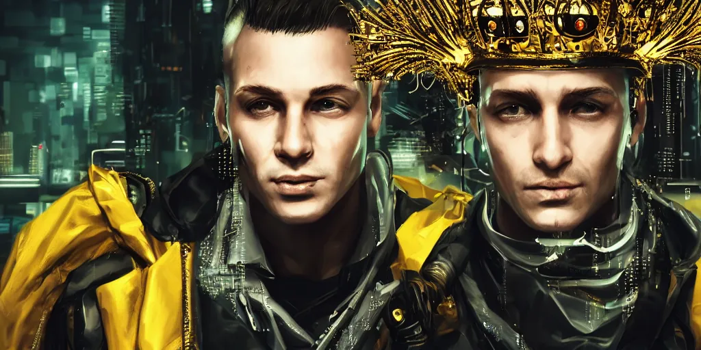 Image similar to realistic portrait of the cyberpunk king with golden black crown and pretty eyes, ultra realistic, 8k