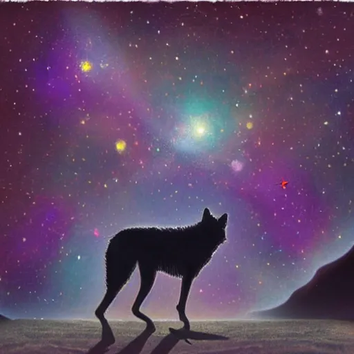 Prompt: a cosmic wolf in the desert