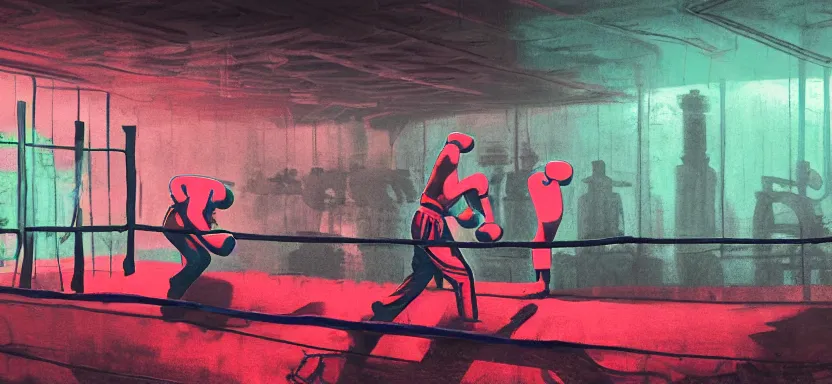 Prompt: handmade illustration of a violent boxing match in an industrial room, line art, octane render with volumetric lighting, architectural illustration by cedric peyraavernay, waste processing machinery, bladerunner, green and red radioactive swamp, by Remedios Varo and Anato Finnstark and Greg Rutkowski, dayglo pink, dayglo blue, dazzle camouflage, 8k, trending on ArtStation