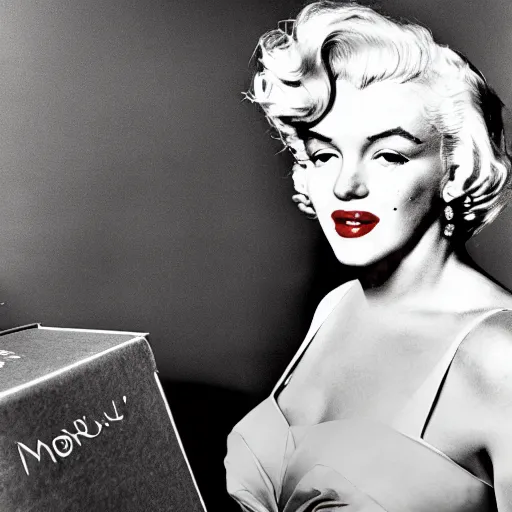 Image similar to Marilyn Monroe is very annoyed while trying to sell a dress on Vinted. She is sited in front of a computer in a large room with a lot of cartoon boxes in the background. 50 mm, award winning photography, contrasted.