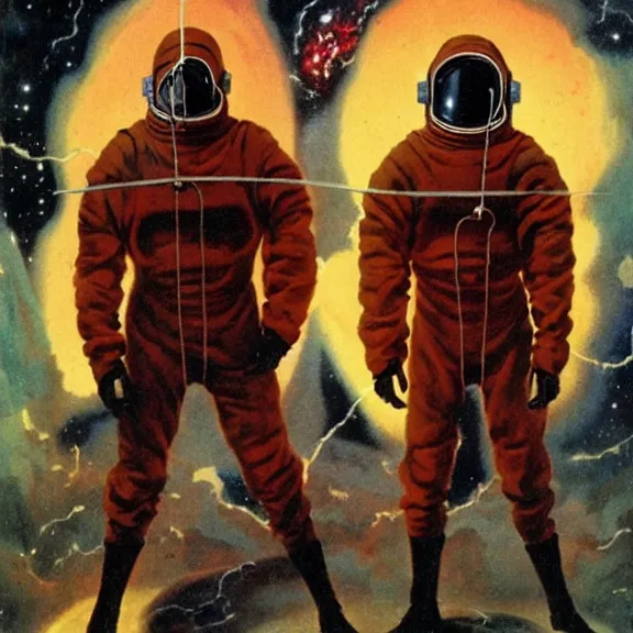 Prompt: two scientists wearing red rick owens hazmat suits escaping the black hole at the edge of the galaxy by frank frazetta