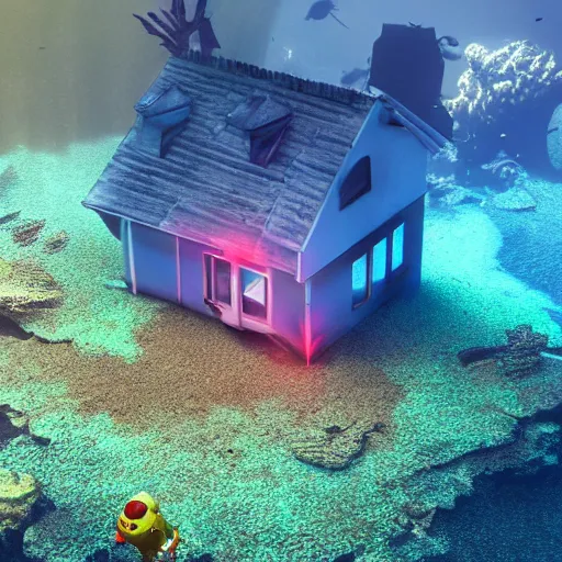 Image similar to a house burning underwater, with a humanoid robot, 8 k resolution, colorful, mariana trench