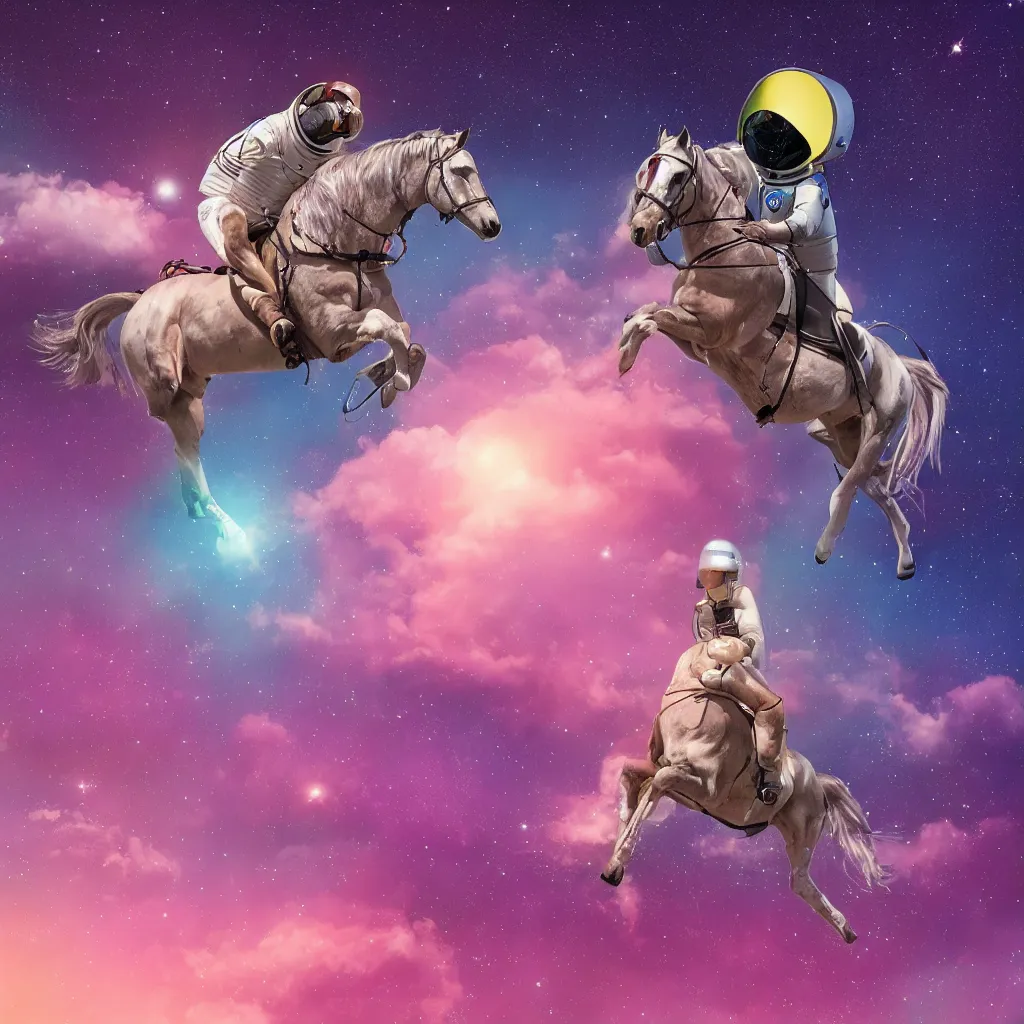 Prompt: a horse riding on an astronaut. synthwave digital art