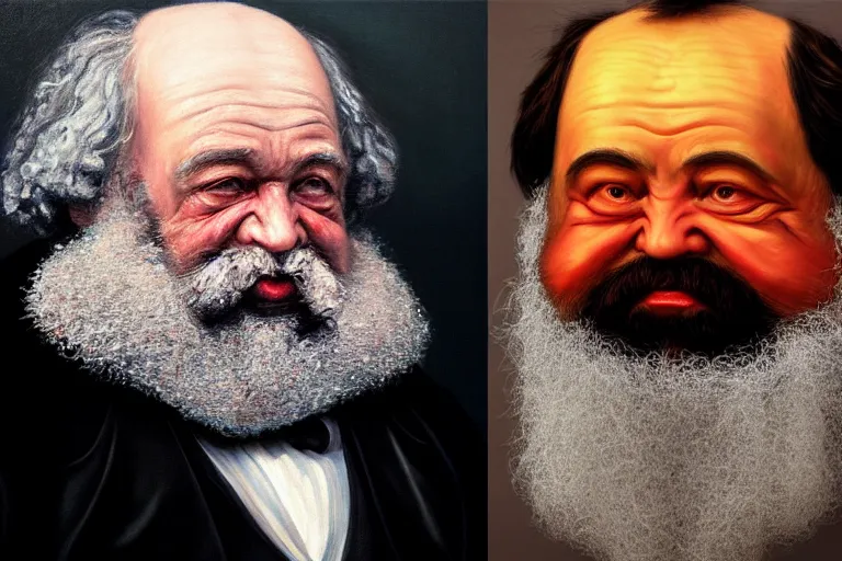 Prompt: ( ( a beautiful 8 k photorealistic masterpiece oil - painting ) ( close up ) and ( zoom out ) ( of ( karl marx with osteogenesis imperfecta ) ( shouting to a dwarf ( angry ) ) ) ( hyperrealism ) ( 1 6 k ) ( trending on artstation )