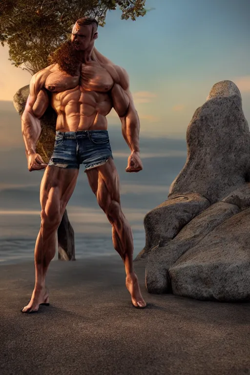 Prompt: a very muscular and defined man wearing ripped pants and shirt looking to the sea at sunset, godrays, complementary colors, natural lighting, portait image, path tracing, serene landscape, high quality, highly detailed, 8K, soft colors, warm colors, turbulent sea, high coherence, anatomically correct, hyperrealistic, concept art, defined face, five fingers