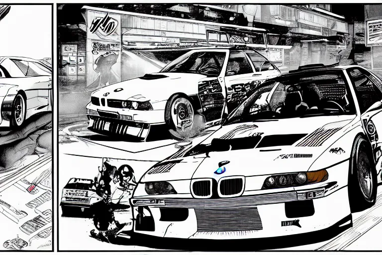 Image similar to bmw m 3 gtr, a page from cyberpunk 2 0 2 0, style of paolo parente, style of mike jackson, adam smasher, johnny silverhand, 1 9 9 0 s comic book style, white background, ink drawing, black and white