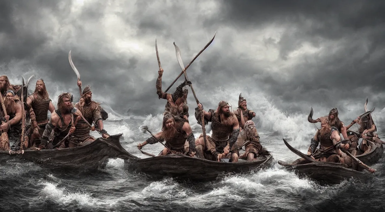 Image similar to a beautiful hyper realistic ultra detailed lifelike matte painting of vikings on a dragon boat, stormy weather, unreal engine, deviantart, flickr, artstation, octane render, textured, colorful, extreme realistic detail, physically based rendering, pbr render, very detailed, volumetric lighting, detailed lighting, octane render, 4 k, cinematic lighting, 8 k resolution