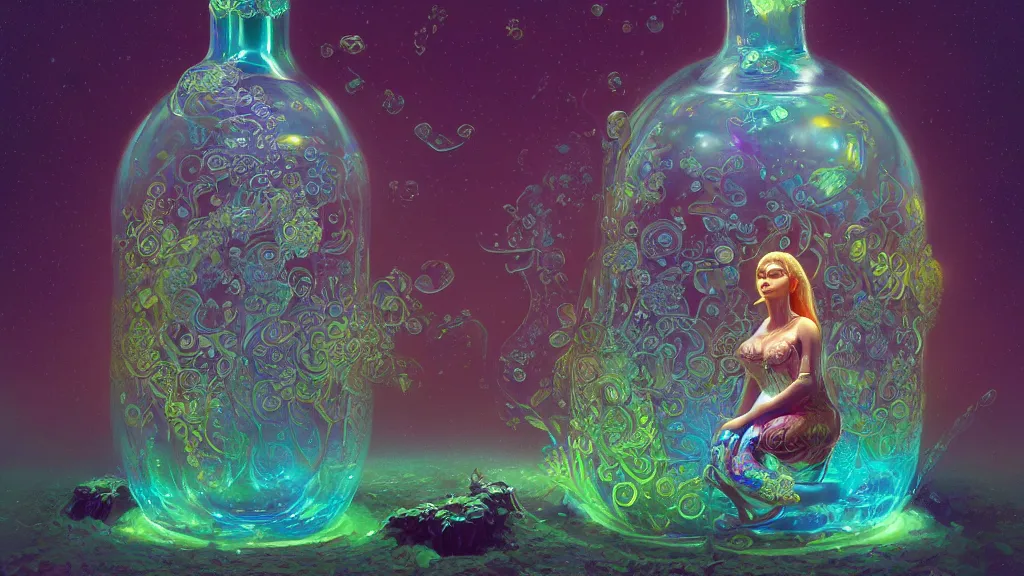 Image similar to a beautiful woman inside of an ornate bottle of iridescent liquid, alchemy, intricate, bloom, detailed, volumetric lighting, sharp focus, photorealism, digital painting, highly detailed, concept art, by roger dean and simon stalenhag and mark brooks