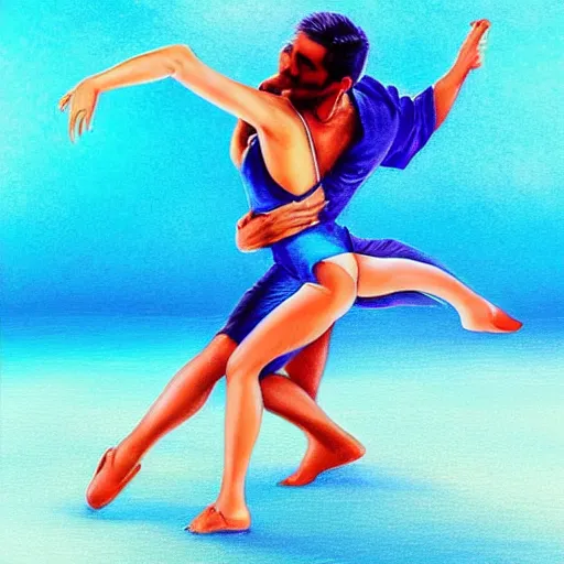 Image similar to semi realistic portrait Salsa Dancing inside clear blue ocean water by AquaSixio, Stanley, strong color overlay, rim light and highlights , by Artgerm Lau, Gesture draw, Salsa Social Dance, couple, Salsa tricks, WLOP, Rossdraws, Gesture draw, James Jean, Andrei Riabovitchev, Marc Simonetti, and Sakimichan, trending on artstation