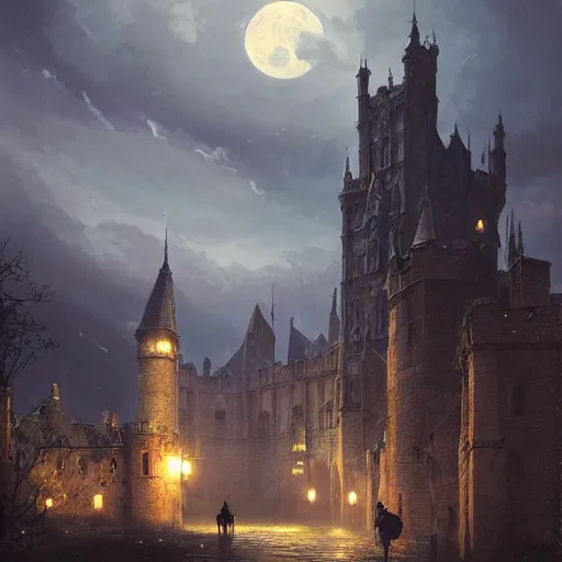 Prompt: a victorian setting, dramatic light, castle background, clouds, moon, storm, night, high detail, fantasy background, painted by greg rutkowski, digital art, trending on artstation