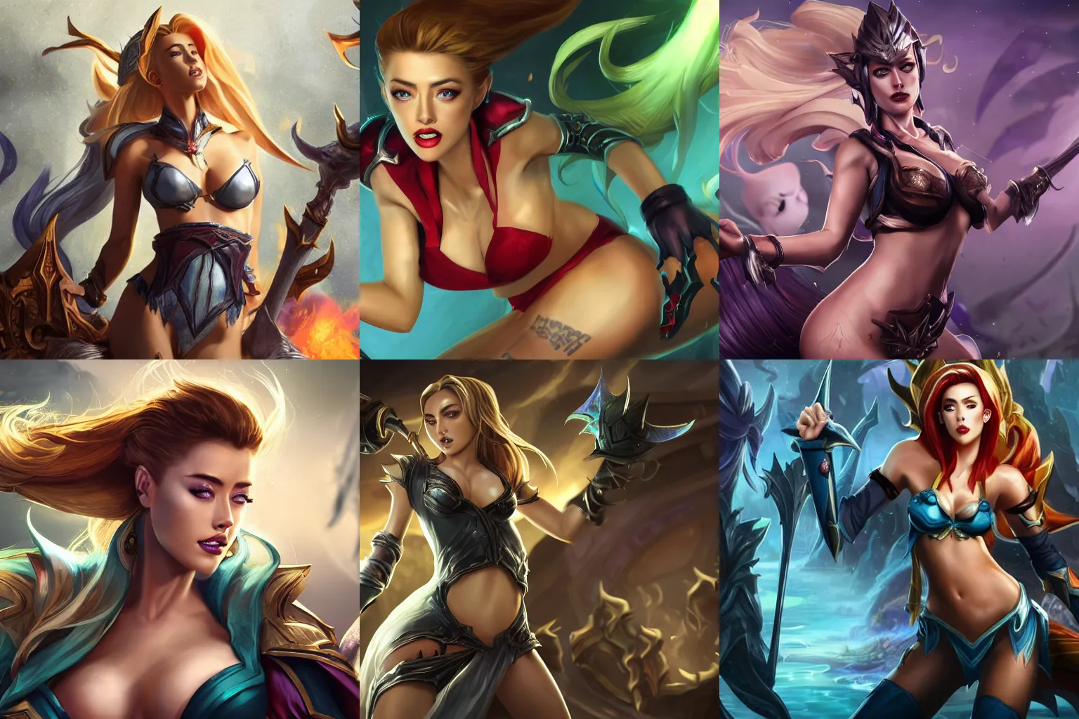 Prompt: Splash art of Amber Heard from league of legends by Alex Flores, Chengwei Pan, Bo Chen, Jennifer Wuestling, 4K, UHD, High quality, Trending on Artstation HQ; Foreground : Amber Heard alone ; Background : simple color; Body : Perfectly drawned arms, very very small waist, huge hips, thickest thighs; Wear : SFW clothes hiding bust and crotch; Face : Perfectly drawed face, eyes and lips