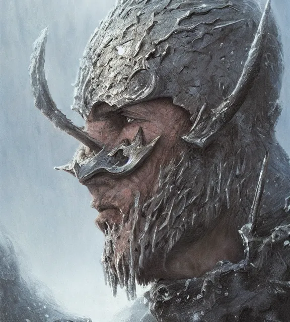 Image similar to frost warlord with frost crown concept, beksinski, age of sigma art, frank franzetta, ruan jia, dark soul armor concept, trending on artstation, wayne barlowe, adrian smith fantasy art, elden ring art, the hobbit art, lord of the ring art, infinity blade armor