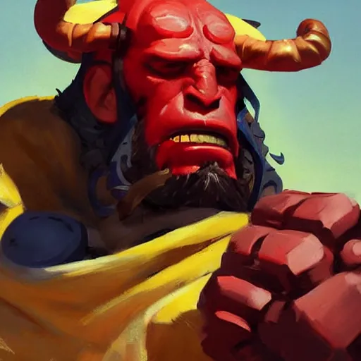 Prompt: greg manchess portrait painting of the hellboy as overwatch character, medium shot, asymmetrical, profile picture, organic painting, sunny day, matte painting, bold shapes, hard edges, street art, trending on artstation, by huang guangjian and gil elvgren and sachin teng