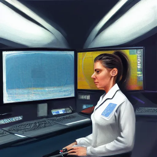 Image similar to a female scientist sitting in the control room,watching the graphics on the panel,oil painting,digital art,trending on artstation