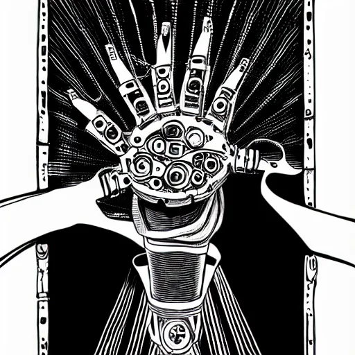 Prompt: streampunk clockwork hand, black and white line art