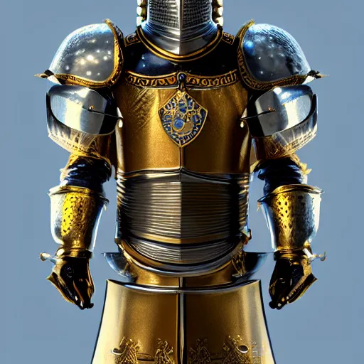 Prompt: a highly detailed knight in a T golden helmet and a golden crown with a blue diamond in the center of the crown, golden armor, leather clothes under the armor, leather gloves, holds a black sword, artstation, DeviantArt, professional, octane render, sunset lighting