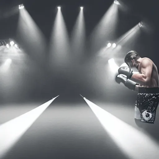 Image similar to two fish fighting in a boxing ring, spotlights, club lighting, epic photograph, realistic