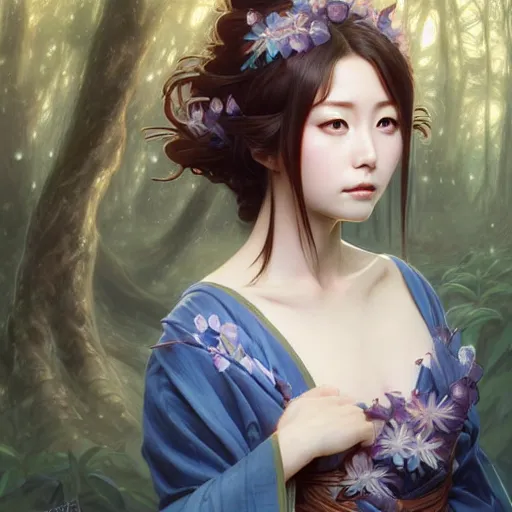 Image similar to Portrait of female japanese idol, D&D, blue eyes, face, fantasy, intricate, elegant, highly detailed, digital painting, artstation, concept art, smooth, sharp focus, illustration, forest on background, art by artgerm and greg rutkowski and alphonse mucha