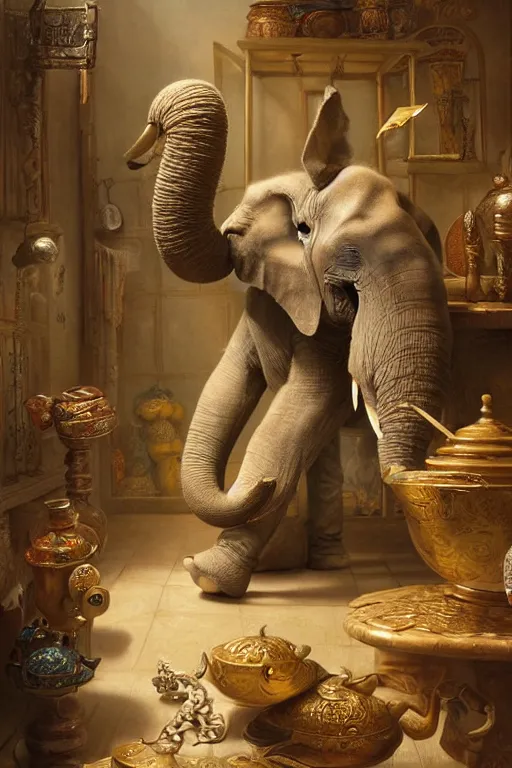 Image similar to one elephant in a porcelain shop, cgsociety, oil painting by justin gerard