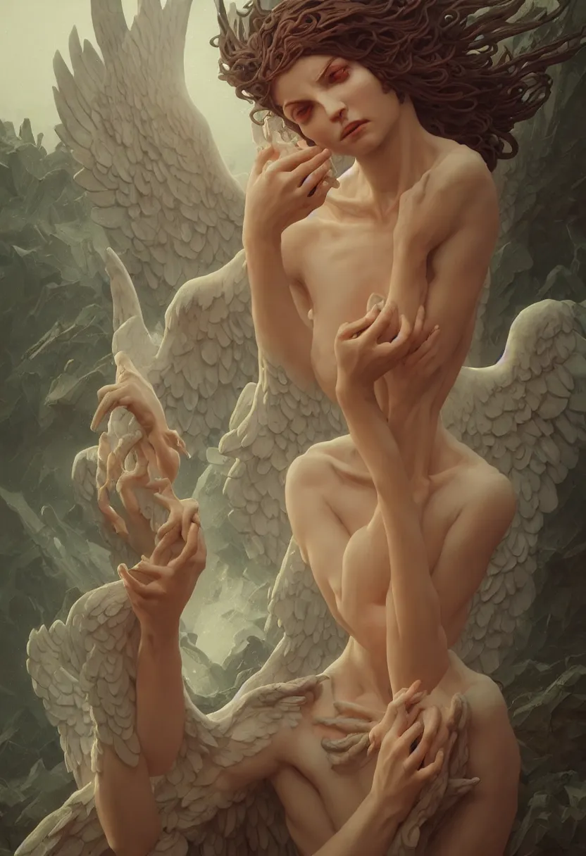 Prompt: beautiful very extreme closeup portrait, weeping scary angels, angel of grief, stone statues, beautiful woman body, unreal engine, greg rutkowski, loish, rhads, beeple, tom bagshaw, alphonse mucha, global illumination, detailed and intricate environment