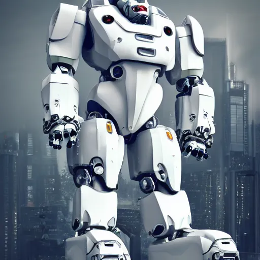 Image similar to huge full body white metalic gorilla mecha, with gorilla face, futuristic dystopian, mean, evil, isolated, with tiny human beside, ambient occlusion, 8k render, cg render, hyper real, realistic, octane