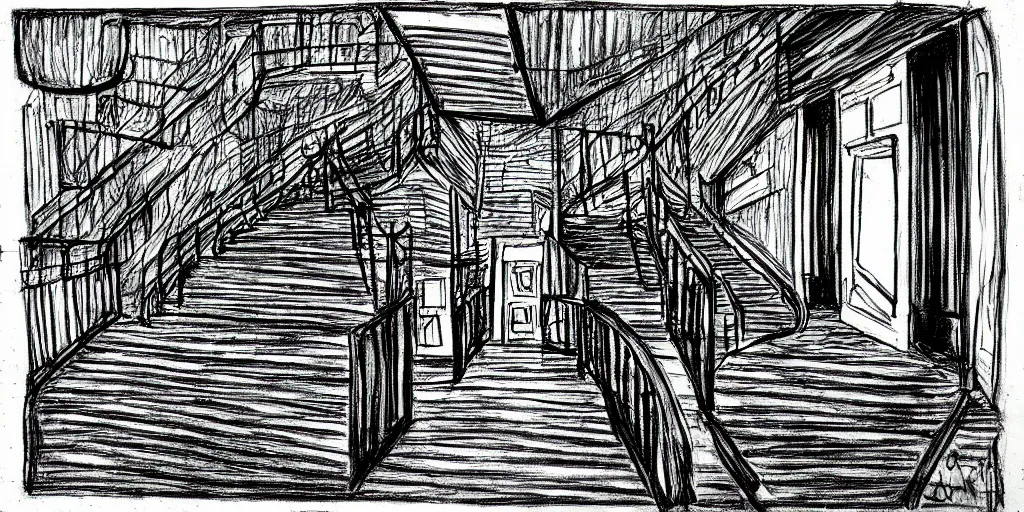 Image similar to dimly lit, theater access corridor, 3 doors, 1 staircase, color draw, day of the tentacle style, fish eye, drawn by Scott C