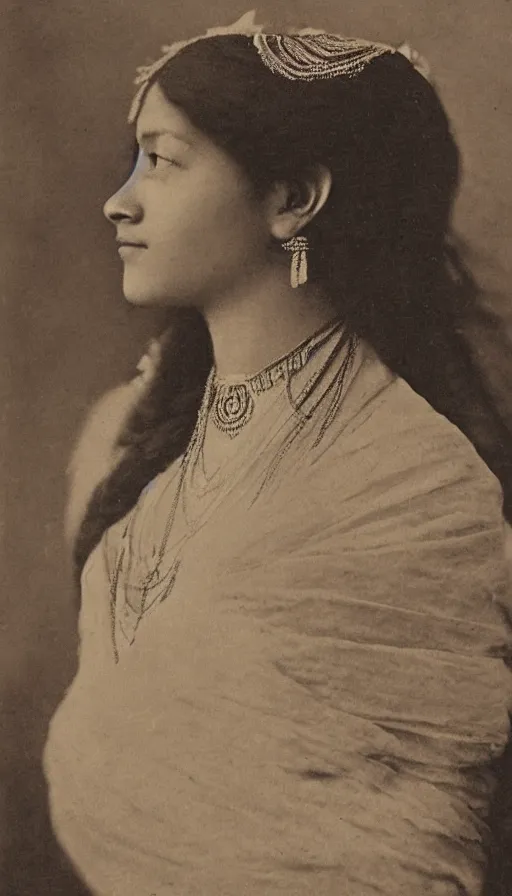 Image similar to vintage portrait photo of a beautiful beautifully lit nepalese Victorian woman by alphonse mucha