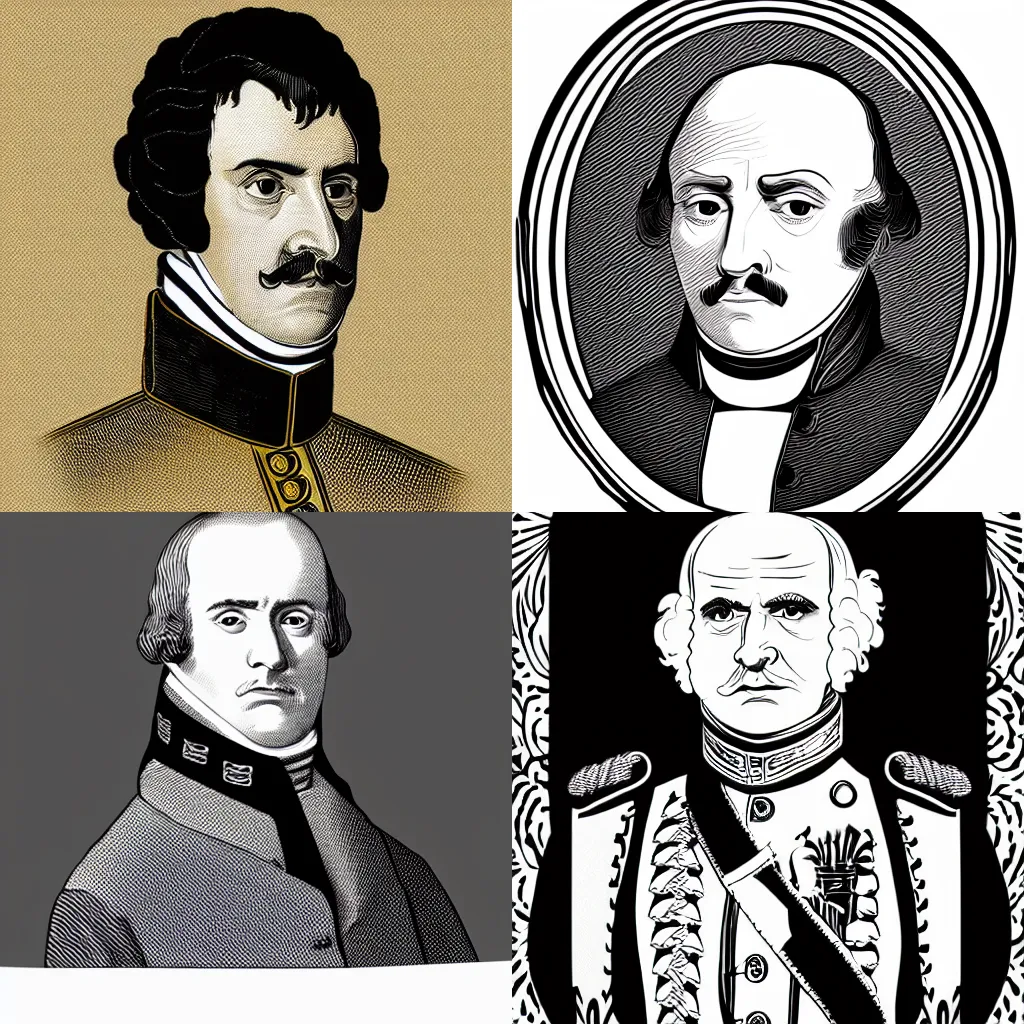 Prompt: clean outlines of a portrait of a spanish general from 1 8 2 0, line art, vector, svg, wlop, herge, mcbess, white background