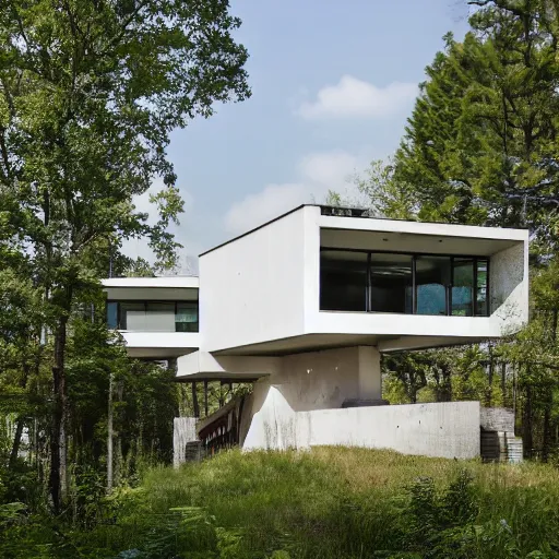Prompt: second story cantilevered white brutalist elevated home on top of 2 large oblong piers