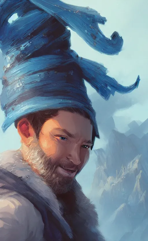 Image similar to alexis ohanian as a wizard, blue wizard hat, concept art, detailed face, fantasy, highly detailed, hearthstone, cinematic lighting, digital art painting by greg rutkowski