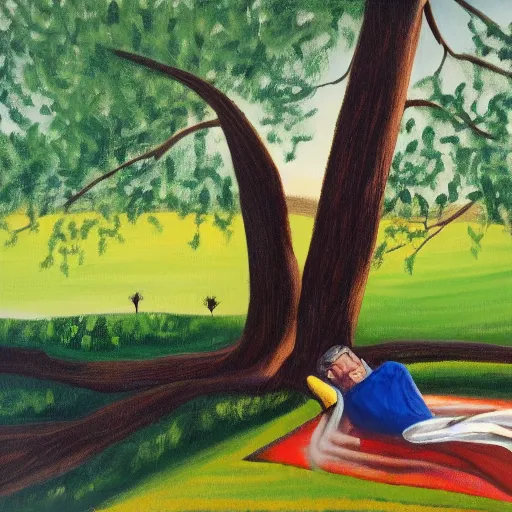 Image similar to painting of a peaceful man relaxing under a tree by David Normal, David Normal, acrylic art, calm, soothing, cosy, elegant, soft light,