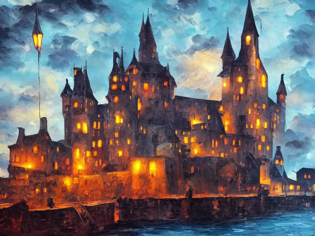Image similar to modern stylized oil painting of medieval castle, american romanticism, bright art, cinematic dramatic lighting