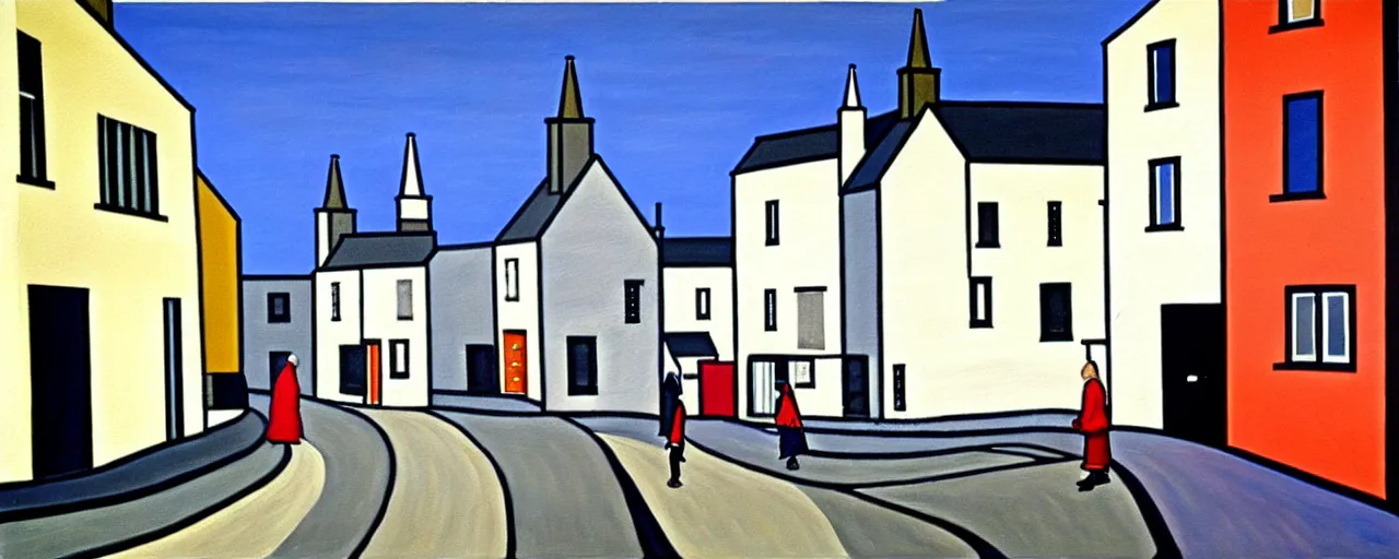 Image similar to a painting of street life in kirkwall orkney, by Bridget Riley