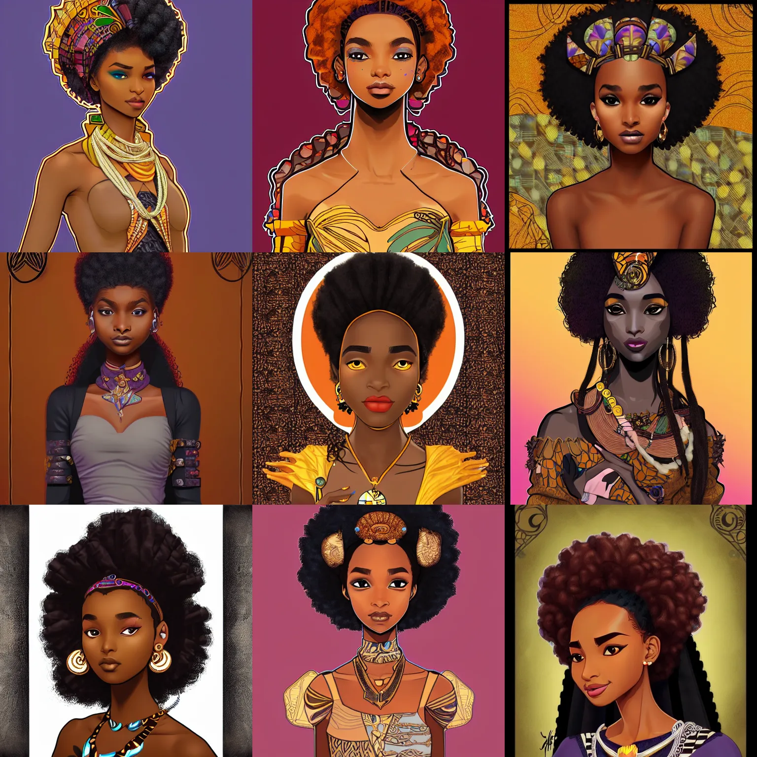 Prompt: african princess, inspired by yara shahidi with an afro, wearing leather, digital art, black eyes, inspired by artstation and artgerm, muted secondary colors, character concept art, with border and embellishments inspired by alphonse mucha