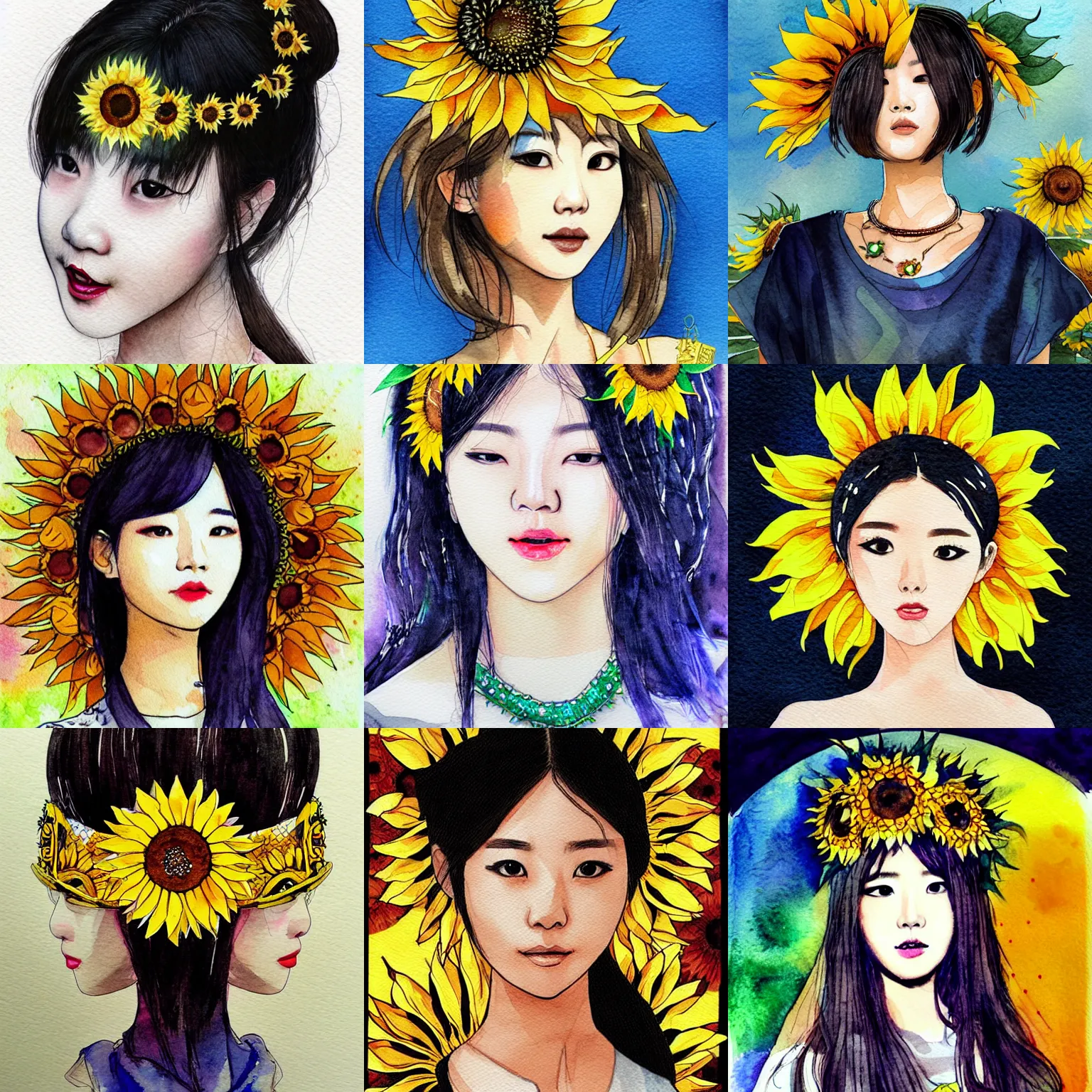 Prompt: korean women's fashion, sunflower tiara, intricate watercolor solarpunk portrait by tim doyle