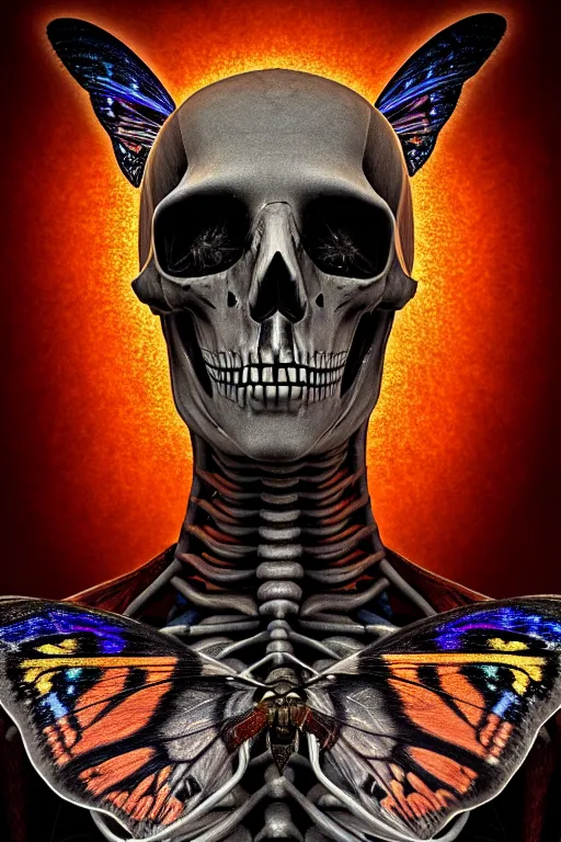 Prompt: a portrait of a skelton with moth wings, highly detailed, digital photo, hdri, by christopher bretz and john carpenter, vivid colors, high contrast, 8 k resolution, intricate, photorealistic, smooth, psychedelic color scheme, concept art, award winning, cg society contest winner