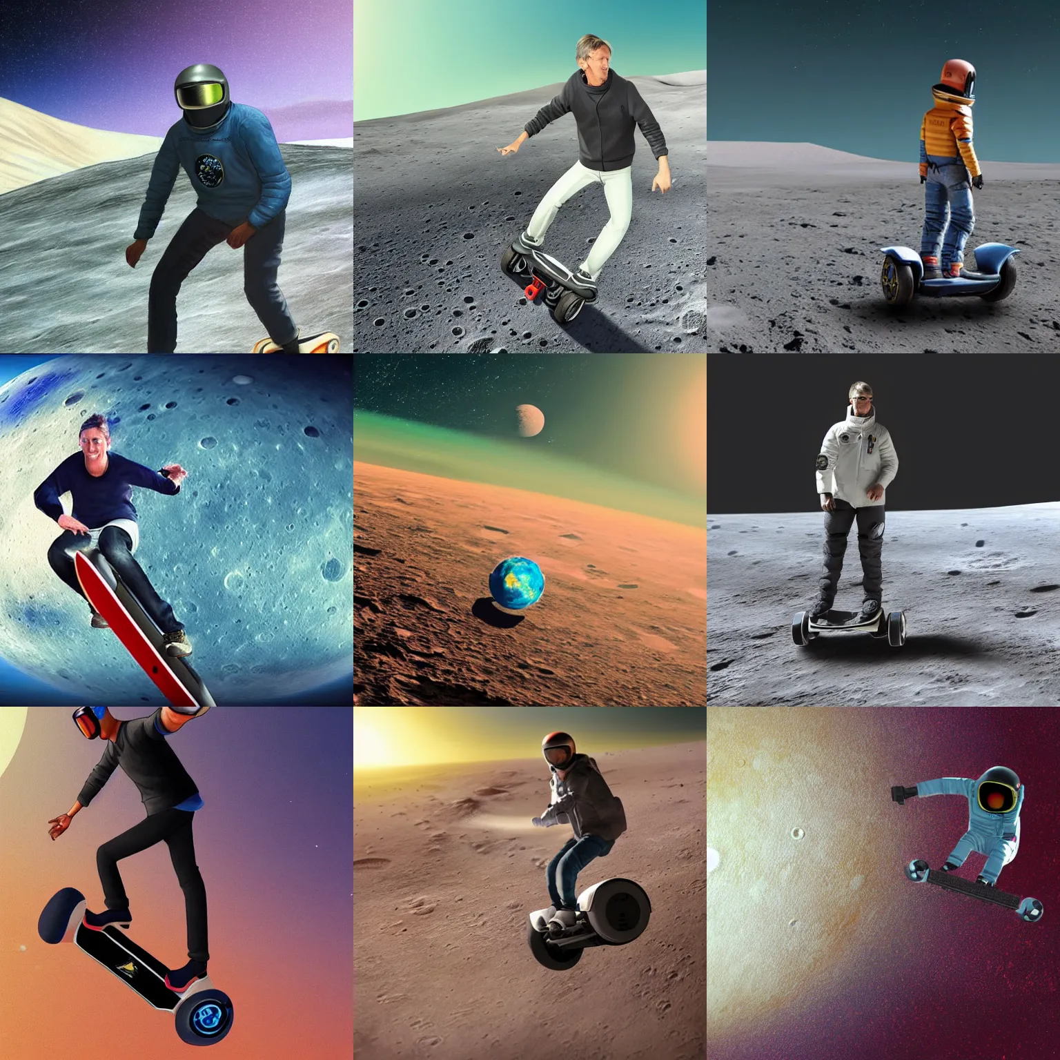 Prompt: a closeup photorealistic colored pencil sketch of Tony Hawk riding a hoverboard on the surface of the moon. Earth in the distance. This 4K HD image is Trending on Artstation, featured on Behance, well-rendered, extra crisp, features intricate detail and the style of Unreal Engine.