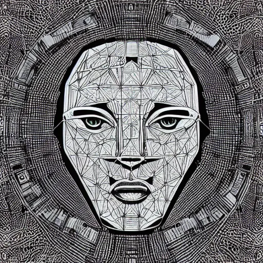 Image similar to Geometrically surreal Artificial Intelligence Robot extremely high detail, photorealistic, intricate line drawings, dotart, album art in the style of James Jean