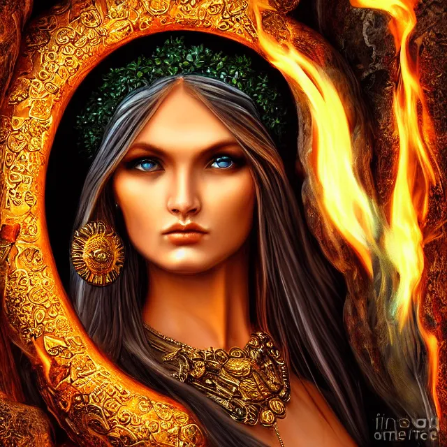 Image similar to perfectly centered close up portrait, goddess of fire, candid photography, by anne stokes, highly detailed