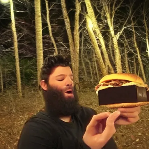 Prompt: nightime infrared trail cam footage of top-heavy 20 year old with messy black hair and beard stuffing his face with cheeseburgers and eating like a pig