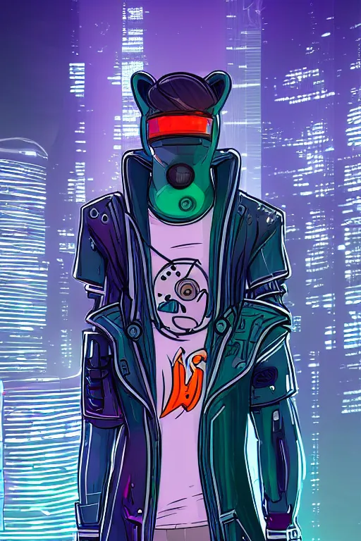 Image similar to beautiful portrait commission of a male anthro dolphin-headed character with a fin wearing cyberpunk clothes. Cyberpunk city at night