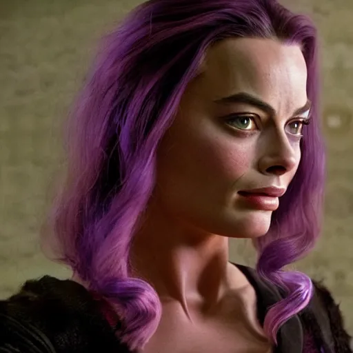 Image similar to an award winning cinematic still of beautiful Margot Robbie Wolverine with long purple hair in , 16k hyper realistic photograph, centered, dramatic lighting