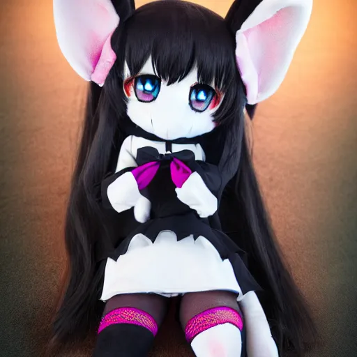 Image similar to cute fumo plush bunny girl, floppy ears, gothic maiden, alert, furry anime, smiling widely, vray