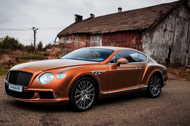 Image similar to modern rusty Bentley Continental GT without gloss drives along the road of an old Russian village with houses at the edges